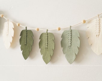 Handmade Bunting, Leaf Garland Macrame, Kids Room Decor, Feather Garland, Christmas Gifts, Nursery Bunting, Holiday Decor, Party Favors H34