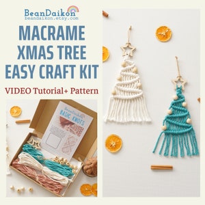 May include: A craft kit for making macrame Christmas tree decorations. The kit includes white, teal, and pink yarn, wooden beads, and a star-shaped wooden topper. The kit also includes a printed instruction sheet with basic knots and a video tutorial.