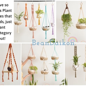 May include: A collage of images showcasing various macrame plant hangers in different colors and styles. The hangers are made with natural fibers and feature a variety of knots and patterns. Some of the hangers are shown with plants in them, while others are empty. The text "BeanDaikon" is visible in the center of the image.