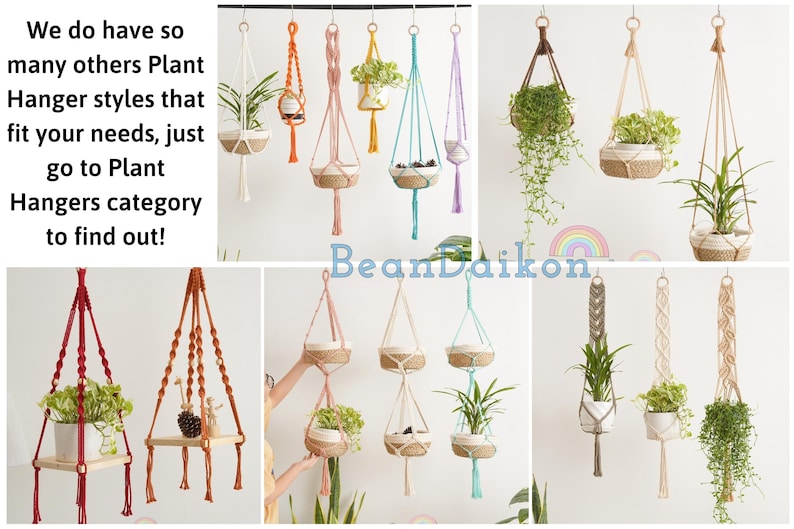 May include: A collage of images showcasing various macrame plant hangers in different colors and styles. The hangers are made with natural fibers and feature a variety of knots and patterns. Some of the hangers are shown with plants in them, while others are empty. The text "BeanDaikon" is visible in the center of the image.