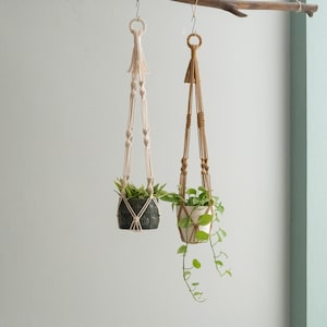 May include: Two macrame plant hangers with pots and plants. The hanger on the left is white and the hanger on the right is brown. Both hangers have a tassel at the top.