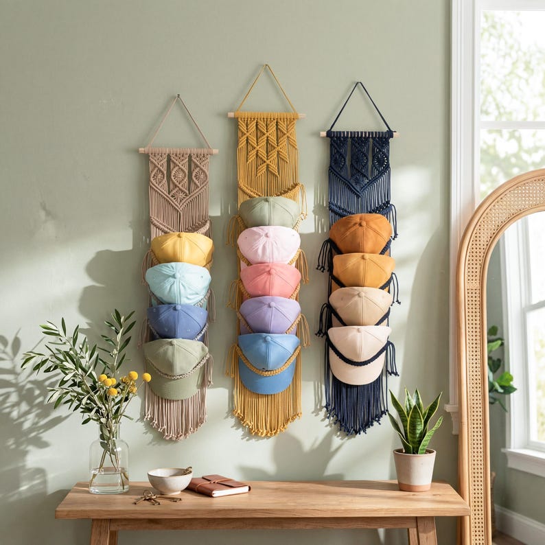 May include: Three macrame hat organizers in beige, yellow, and navy blue, each holding a stack of baseball caps in various colors. The organizers hang on a light green wall above a wooden table with a vase and a potted plant.