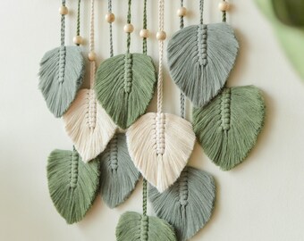 Macrame Leaf Wall Art, Boho Living Room, Green Wall Decor, Driftwood Macrame, Mid Century Modern, Housewarming Gift, Macrame Feather  L02