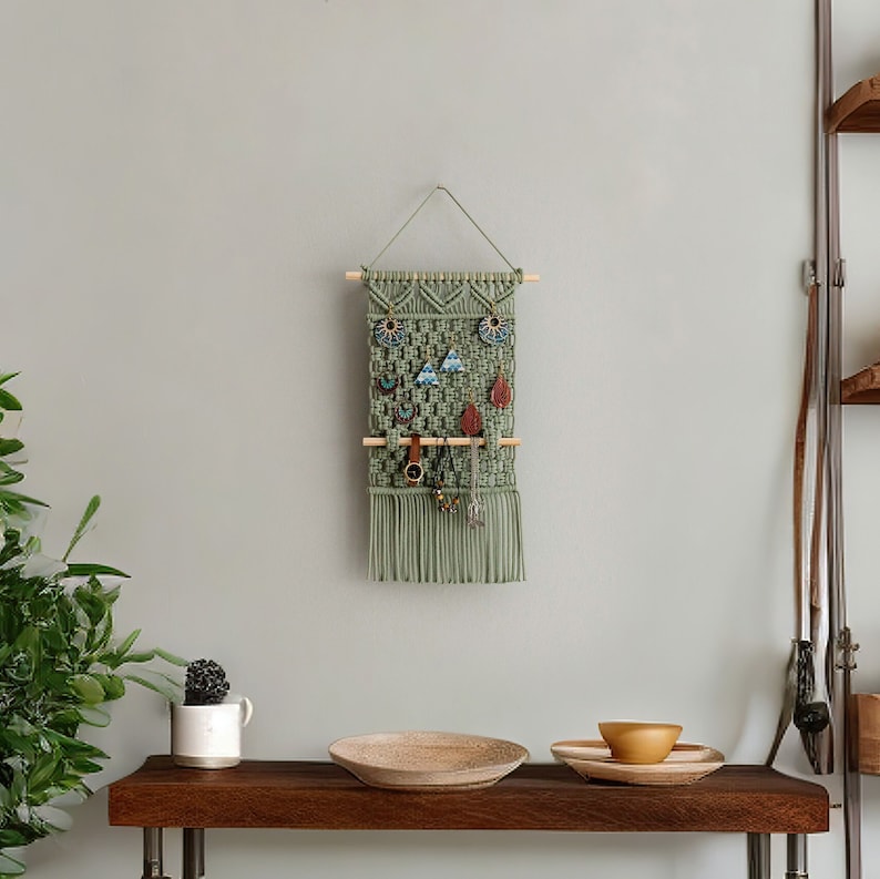 Macrame Earring Holder, Bathroom Decor, Necklace Hanger, Boho Jewelry Holder, Girls Room Decor, Gift For Daughter, Macrame Earring I82 image 1