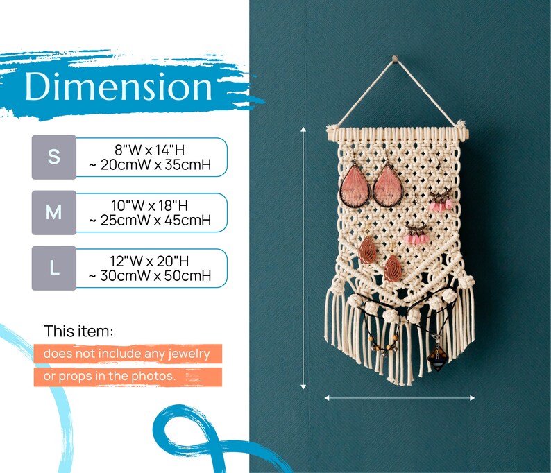 May include: A white macrame wall hanging with a triangular shape and fringe. It has a variety of jewelry items hanging from it, including earrings, necklaces, and bracelets. The wall hanging is 12 inches wide by 20 inches high, or 30 centimeters wide by 50 centimeters high. This item does not include any jewelry or props in the photos.