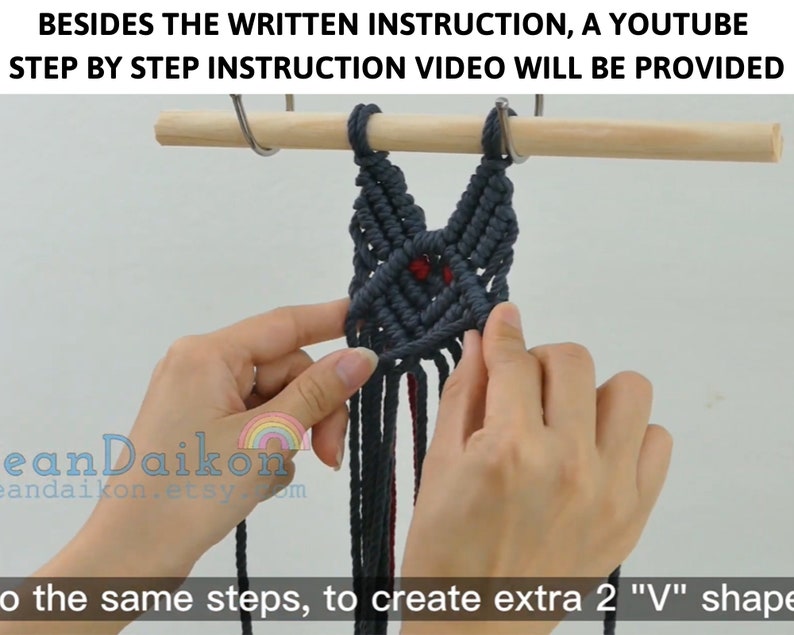 May include: A close-up of a hand holding a dark blue macrame wall hanging with red accents. The wall hanging is in the shape of a cat's face. The text "ean Daikon" and "eandaikon.etsy.com" is visible in the lower left corner of the image. The text "o the same steps, to create extra 2 "V" shape" is visible in the lower right corner of the image.