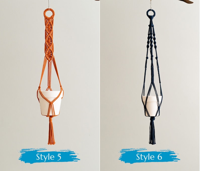 May include: Two macrame plant hangers, one in orange and one in navy blue, with white pots hanging from them. The orange hanger is labeled "Style 5" and the navy blue hanger is labeled "Style 6".