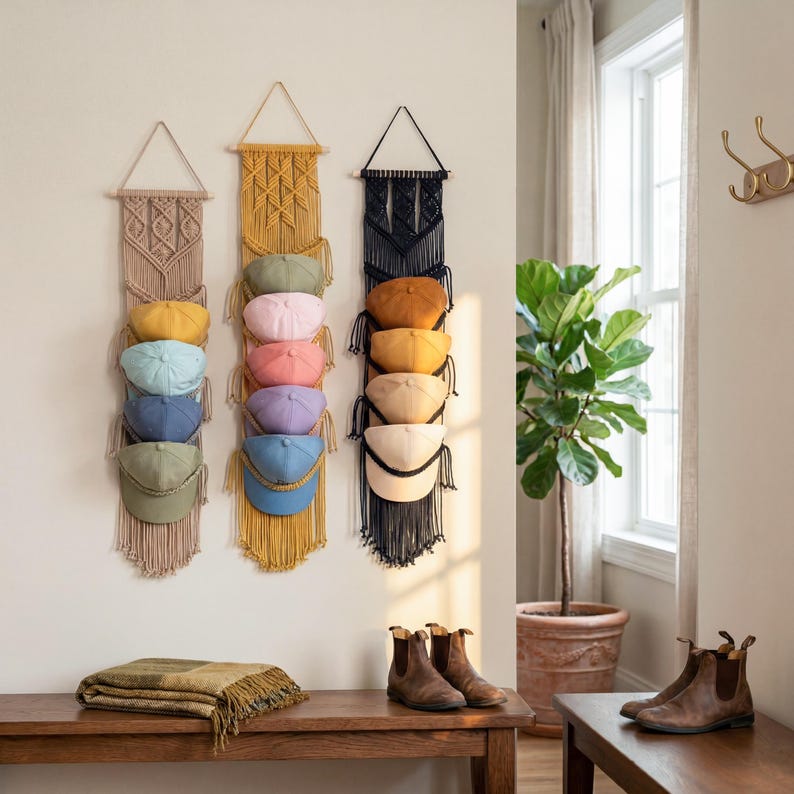 May include: Three macrame hat organizers in beige, yellow, and black, each holding six baseball caps in various colors. The organizers hang on a light-colored wall, with a wooden bench and boots in the foreground.
