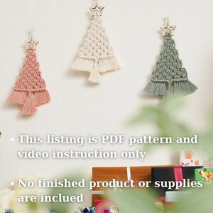 May include: Three macrame Christmas tree ornaments with wooden star toppers. The trees are in pink, white, and green. The text "This listing is PDF pattern and video instruction only. No finished product or supplies are included. Bean Daikon" is visible at the bottom of the image.