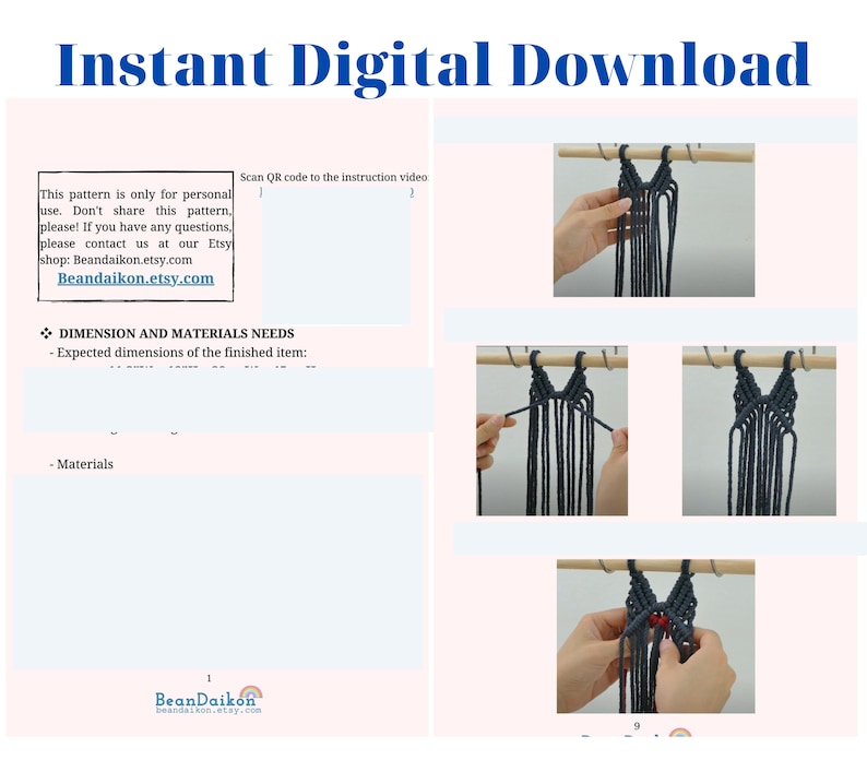 May include: A digital download pattern for a macrame wall hanging. The pattern includes instructions and images showing how to create the wall hanging. The pattern is for personal use only. The pattern is available for purchase on Etsy.