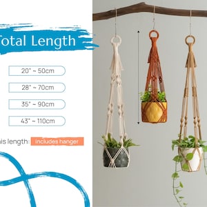 May include: Three macrame plant hangers in different colors and sizes. The hangers are made of natural fibers and have a knotted design. The hangers are hanging from a wooden branch. The text "Total Length" is displayed with measurements in inches and centimeters. The text "This length: includes hanger" is also displayed.
