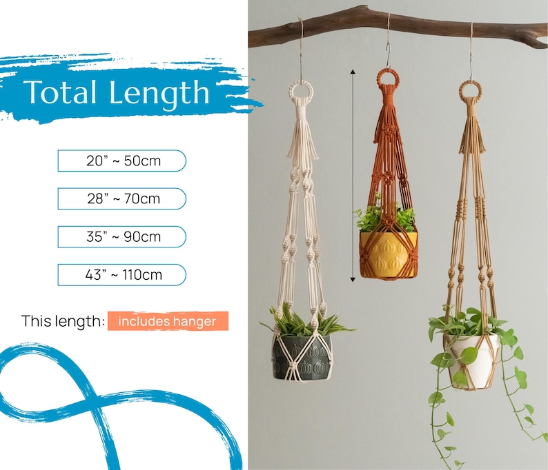 May include: Three macrame plant hangers in different colors and sizes. The hangers are made of natural fibers and have a knotted design. The hangers are hanging from a wooden branch. The text "Total Length" is displayed with measurements in inches and centimeters. The text "This length: includes hanger" is also displayed.