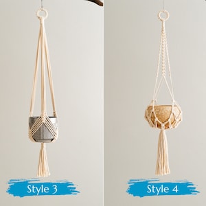 May include: Two styles of macrame plant hangers. The first style is a simple, triangular design with a single tassel. The second style is a more intricate design with a wider base and a longer tassel. Both hangers are made of natural cotton rope.