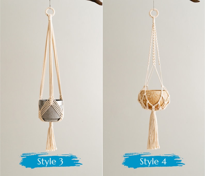 May include: Two styles of macrame plant hangers. The first style is a simple, triangular design with a single tassel. The second style is a more intricate design with a wider base and a longer tassel. Both hangers are made of natural cotton rope.
