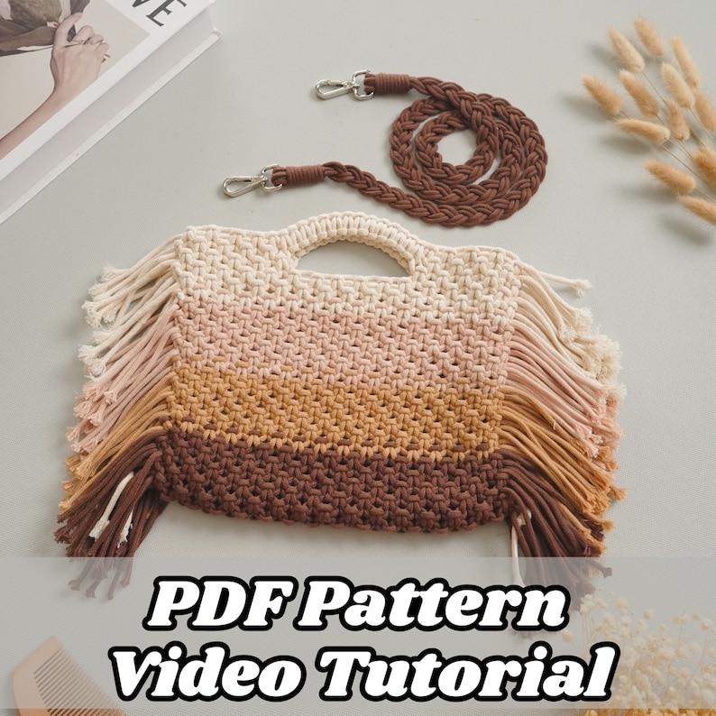 May include: A crocheted bag with a brown, tan, and pink color gradient. The bag has fringe on the bottom and a brown braided strap. The text "PDF Pattern Video Tutorial" is at the bottom of the image.