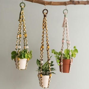 Peut inclure: Trois suspensions macramé pour plantes avec des plantes en pot suspendues à une branche en bois. Les suspensions présentent des motifs tressés de différentes couleurs, dont le vert, le jaune et le crème, ornés de petits motifs floraux. Les pots sont blancs et en terre cuite.