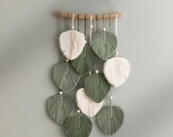 Bladeren muur hangen, boerderij kunst aan de muur, macramé bladeren, boho macramé, handgemaakte macramé, woonkamer decor, macramé muur hangend L40