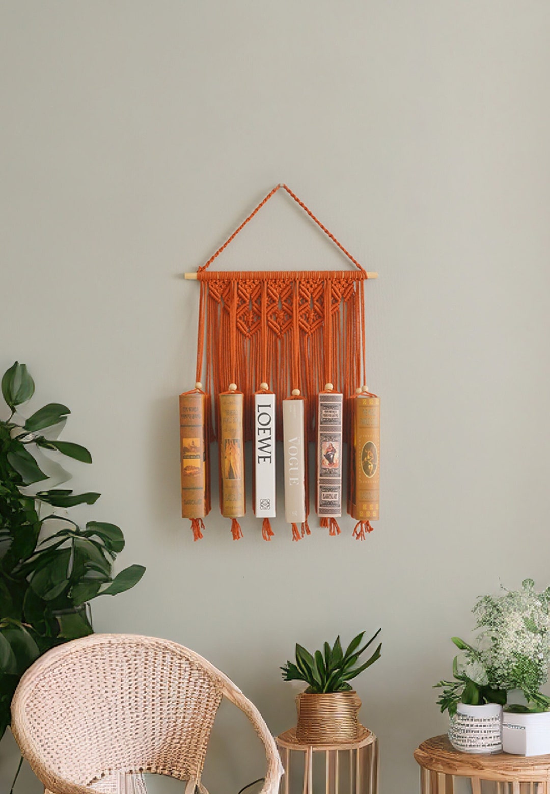 Macrame Book Holder, Room Decor, Hanging Bookshelf, Mid Century Modern