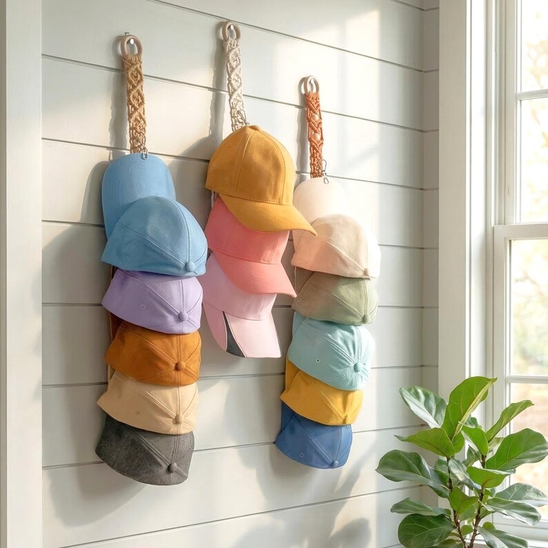 May include: A selection of baseball caps in shades of blue, pink, and yellow are arranged on a wall. The caps are suspended from decorative rope hangers, providing a fashionable and tidy storage option. The wall is painted white with horizontal panelling.