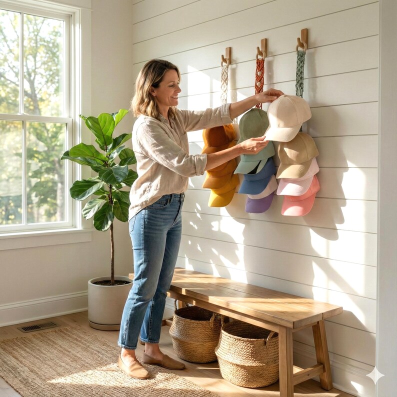 May include: A woman organising a collection of baseball caps on a wall-mounted display. The caps are in various colours, including beige, yellow, blue, and pink. The display uses wooden hooks and decorative straps. A wooden bench and woven baskets are in the foreground.