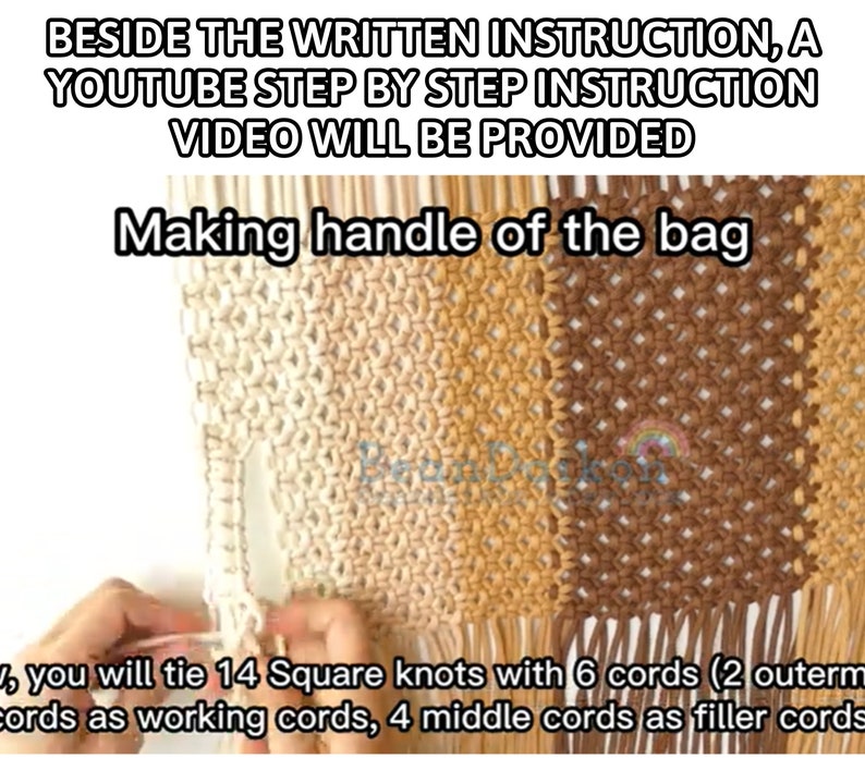 May include: Close-up of a person's hands tying a macrame knot with six cords. The cords are brown, beige, and white. The text "Making handle of the bag" is at the top of the image. The text below the image reads "you will tie 14 Square knots with 6 cords (2 outerm cords as working cords, 4 middle cords as filler cords"