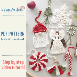 May include: A collection of handmade Christmas ornaments made with macrame. The ornaments include a gnome, a snowflake, a tree, an angel, a candy cane, and a wreath. The ornaments are all white with red and green accents. The ornaments are displayed on a white surface with wooden beads.