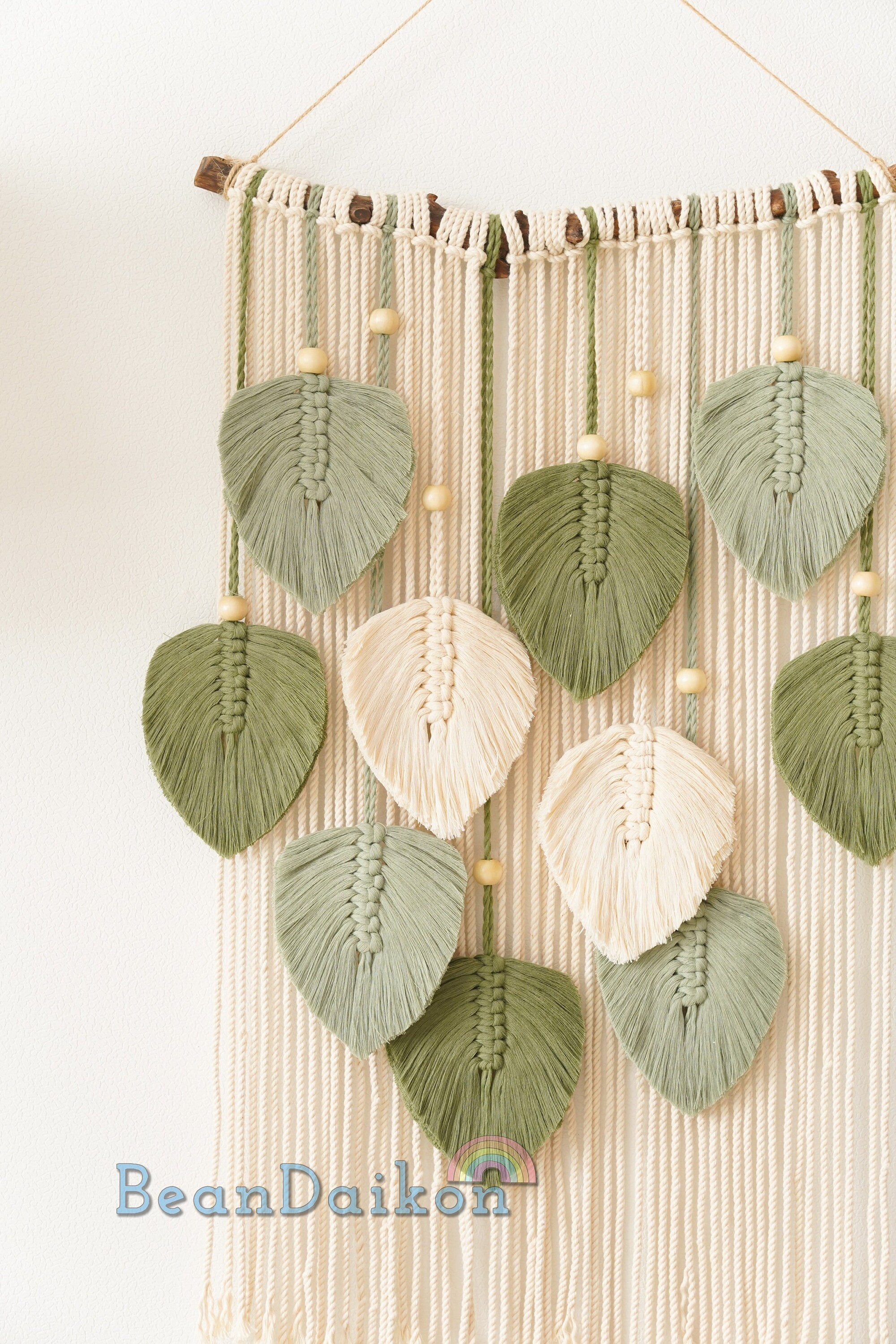 Green Leaves Macrame Wall Hanging Macrame Feather Wall Decor Etsy