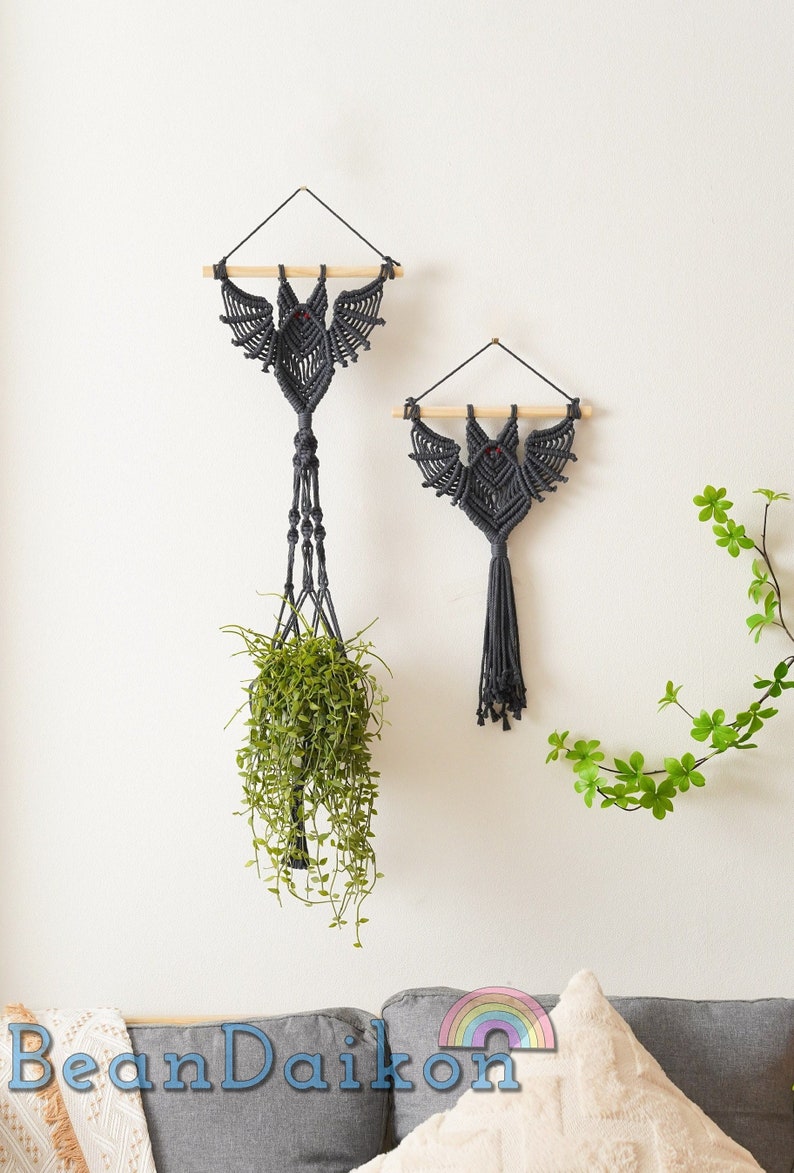 Gothic Bat Decor macrame wall hanging with hanging plant holder, perfect for Witchy room decor and Modern Halloween, Bat ornaments included.