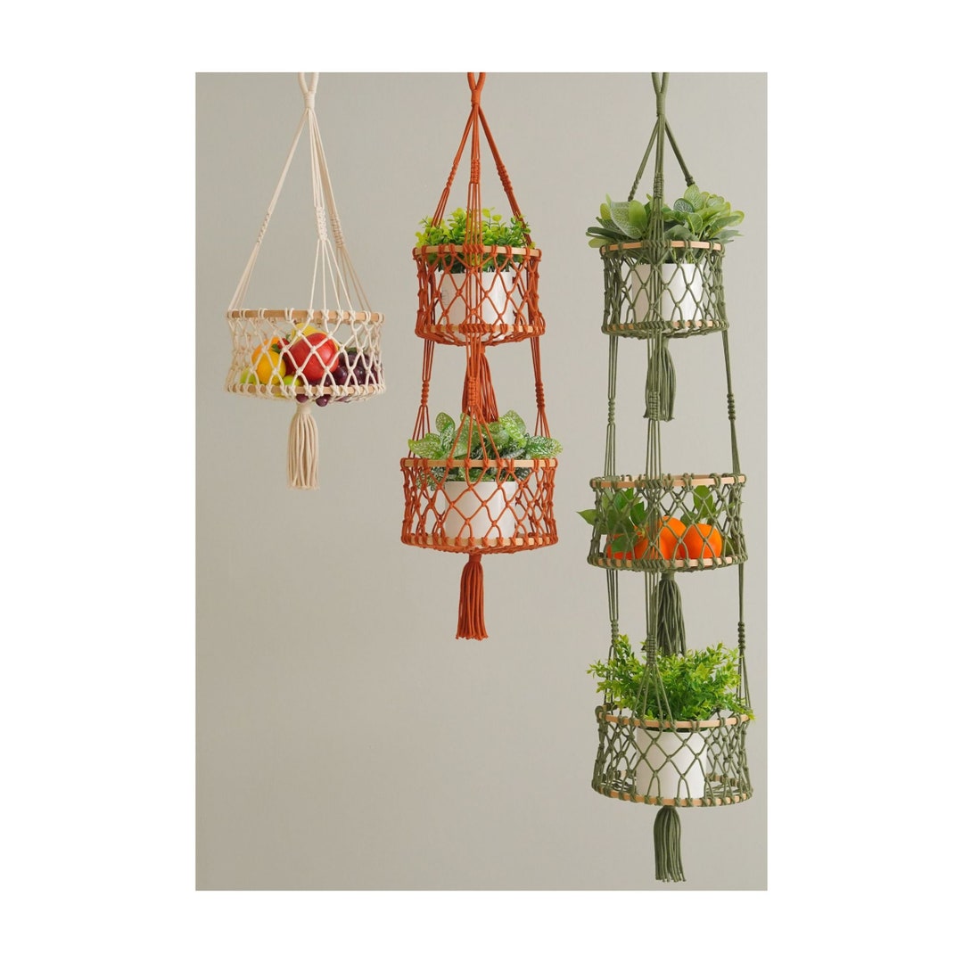 Macrame Hanging Fruit Basket Boho Fruit Storage, Wall Fruit Basket