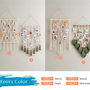Pode incluir: Quatro diferentes decora&ccedil;&otilde;es de parede para fotos. A primeira &eacute; uma macram&eacute; de cor natural com franjas. A segunda &eacute; uma macram&eacute; com franjas marrons. A terceira &eacute; uma macram&eacute; de cor natural com franjas. A quarta &eacute; um design de folhas verdes com um pau de bambu.