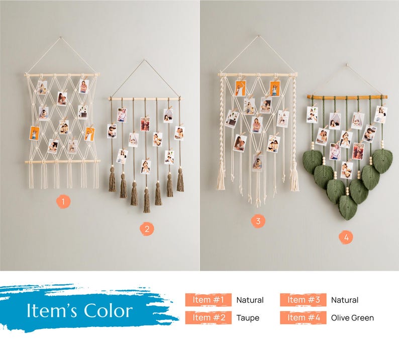 Pode incluir: Quatro diferentes decora&ccedil;&otilde;es de parede para fotos. A primeira &eacute; uma macram&eacute; de cor natural com franjas. A segunda &eacute; uma macram&eacute; com franjas marrons. A terceira &eacute; uma macram&eacute; de cor natural com franjas. A quarta &eacute; um design de folhas verdes com um pau de bambu.