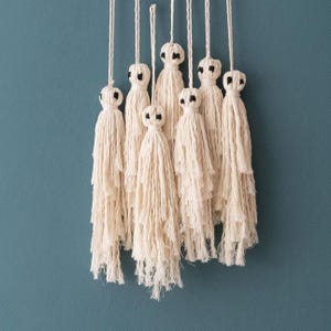 Peut inclure: Un ensemble de sept pompons en macramé blancs avec des accents noirs suspendus sur un fond bleu. Les pompons sont faits de fil de coton et ont une bordure frangée.