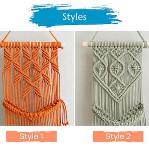 May include: Two macrame wall hangings with wooden dowels. The first is orange and has a geometric pattern. The second is green and has a more intricate pattern with circles. Both hangings have tassels.
