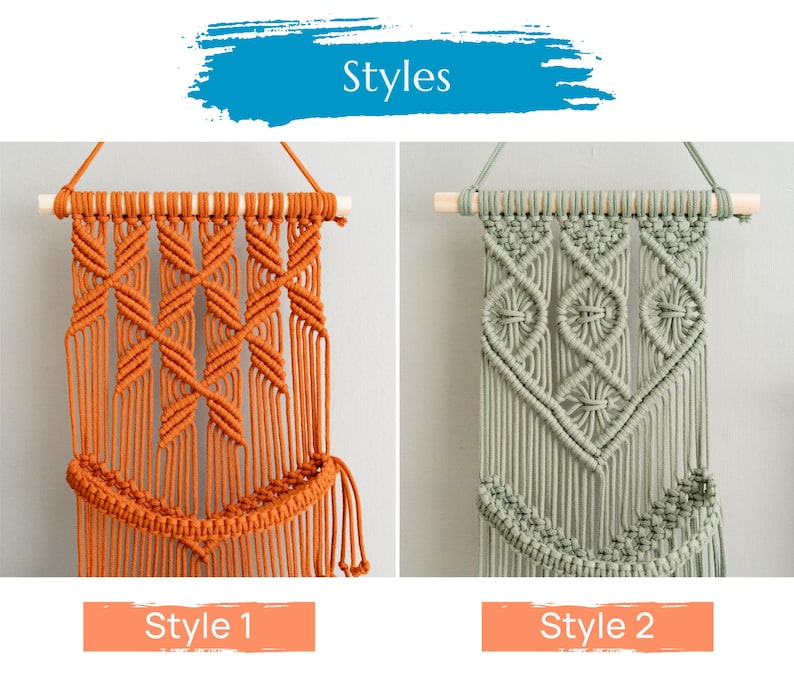May include: Two macrame wall hangings with wooden dowels. The first is orange and has a geometric pattern. The second is green and has a more intricate pattern with circles. Both hangings have tassels.