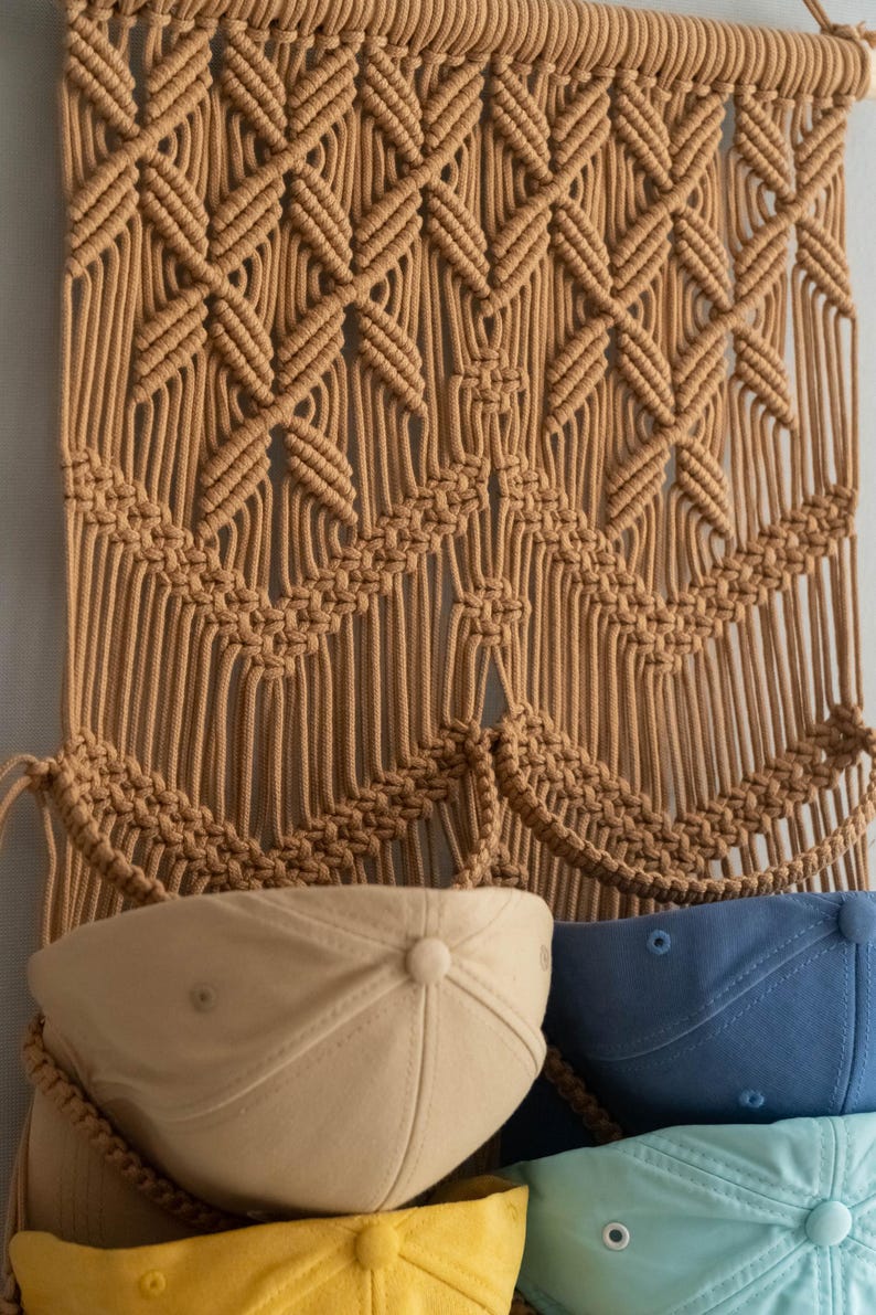 Wall Mount Hat Rack, Snapback Caps Holder, Macrame Hat Holder, Baseball Cap Rack, Hat Hanger For Wall, Room Organizer, Vertical Hat Rack I23 image 10