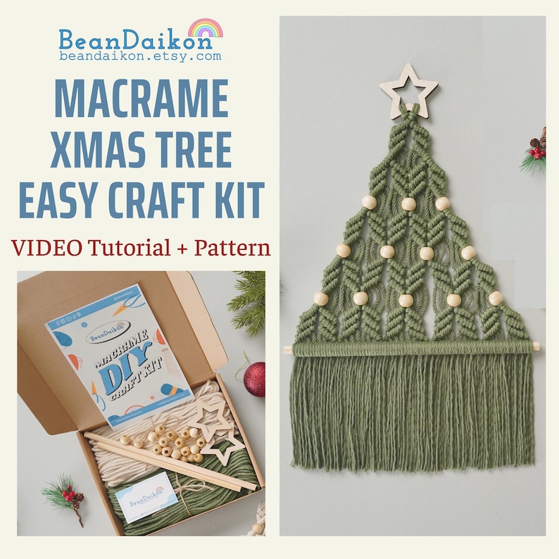 May include: A green macrame Christmas tree wall hanging kit with wooden beads and a star. The kit includes all the materials needed to make the tree, including yarn, beads, and a wooden dowel. The kit also includes a video tutorial and pattern.