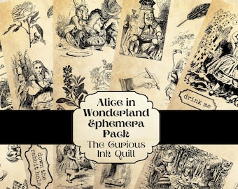 Alice in Wonderland Ephemera | 5 Page Pack | DIGITAL Download Printable | Vintage | Scrapbook | Junk Journal | Grunge | Embellishment