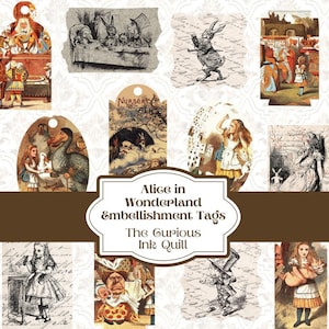 Alice in Wonderland Embellishment Tags | 2 Pages | DIGITAL Download Printable | Scrapbook | Junk | Journal | Mixed Media | Collage | Grunge