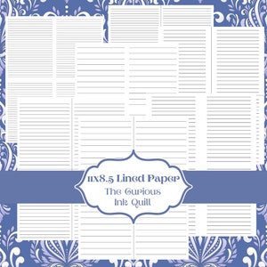 May include: White 8.5 x 11 inch lined paper sheets arranged on a blue background with a floral pattern. The paper has horizontal lines for writing. The text "11x8.5 Lined Paper" and "The Curious Ink Quill" is visible.