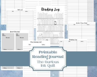 May include: A printable reading journal with various sections for tracking books, including a reading log, book reviews, and a wishlist. The design features a bookshelf illustration and the text "Reading Log."