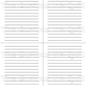 May include: White lined paper sheets with the text "The Curious Ink Quill" printed in a light gray font. The paper is divided into four sections, each with horizontal lines for writing.