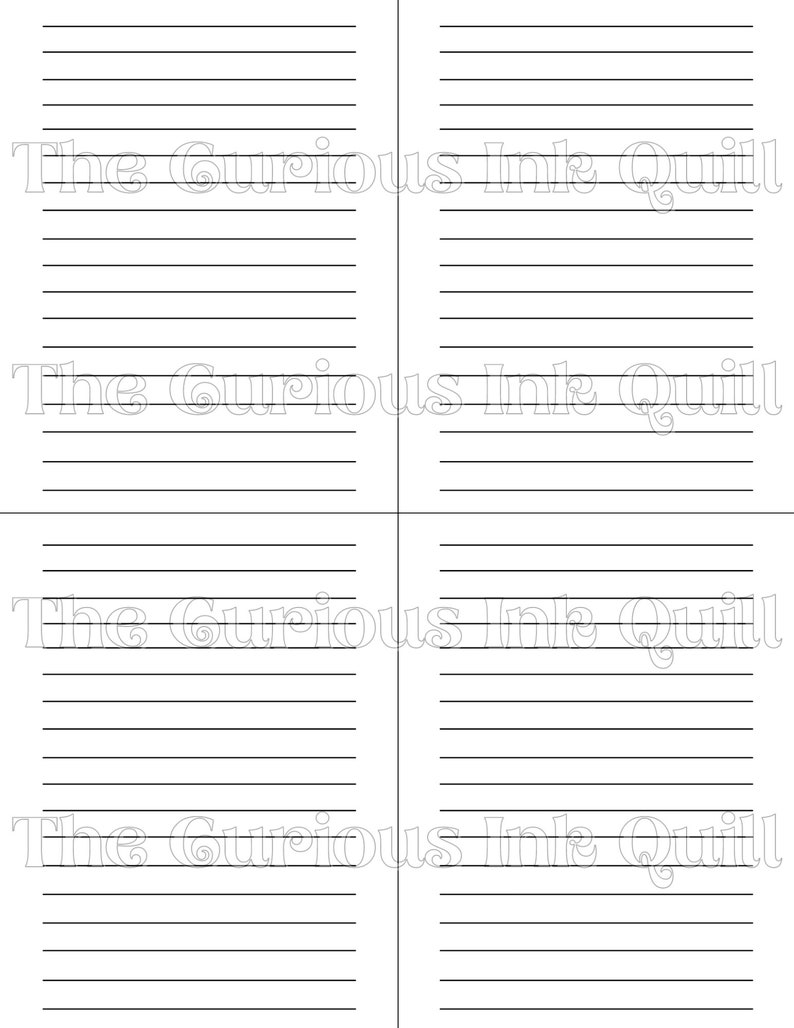 May include: White lined paper sheets with the text "The Curious Ink Quill" printed in a light gray font. The paper is divided into four sections, each with horizontal lines for writing.