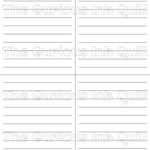May include: Four white notepaper sheets with horizontal lines and the text "The Curious Ink Quill" printed in a decorative font. The sheets are arranged in a two-by-two grid, suitable for writing notes.