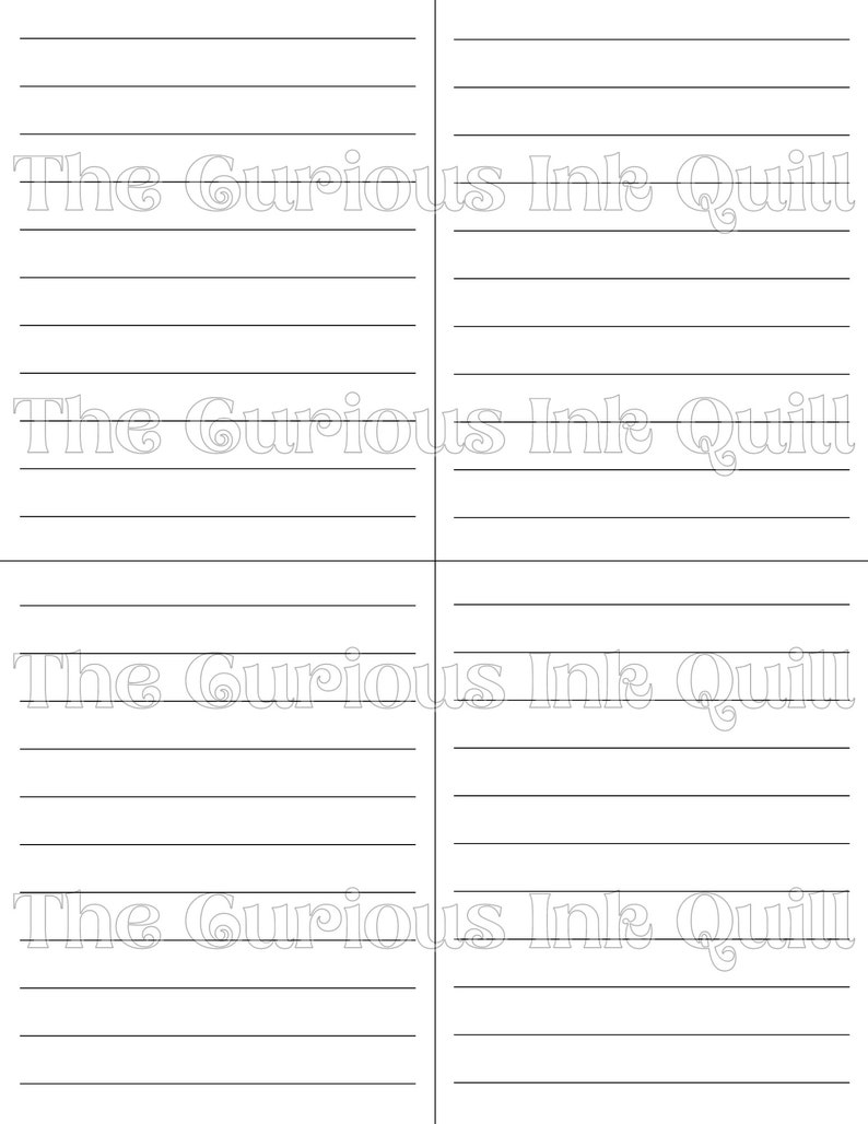 May include: Four white notepaper sheets with horizontal lines and the text "The Curious Ink Quill" printed in a decorative font. The sheets are arranged in a two-by-two grid, suitable for writing notes.