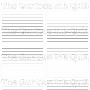 May include: Four white lined paper sheets with the text "The Curious Ink Quill" printed in a light gray color. The sheets are divided into four sections, each with horizontal lines for writing.