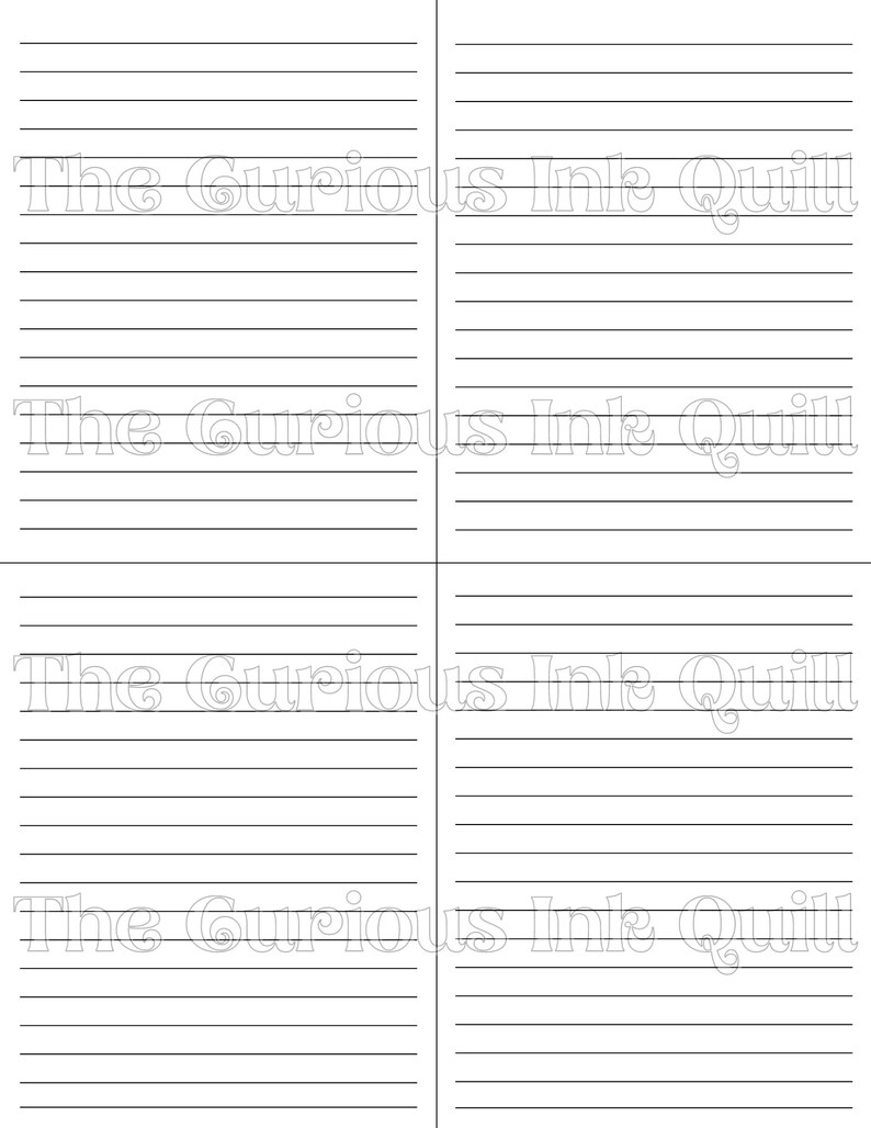 May include: Four white lined paper sheets with the text "The Curious Ink Quill" printed in a light gray color. The sheets are divided into four sections, each with horizontal lines for writing.