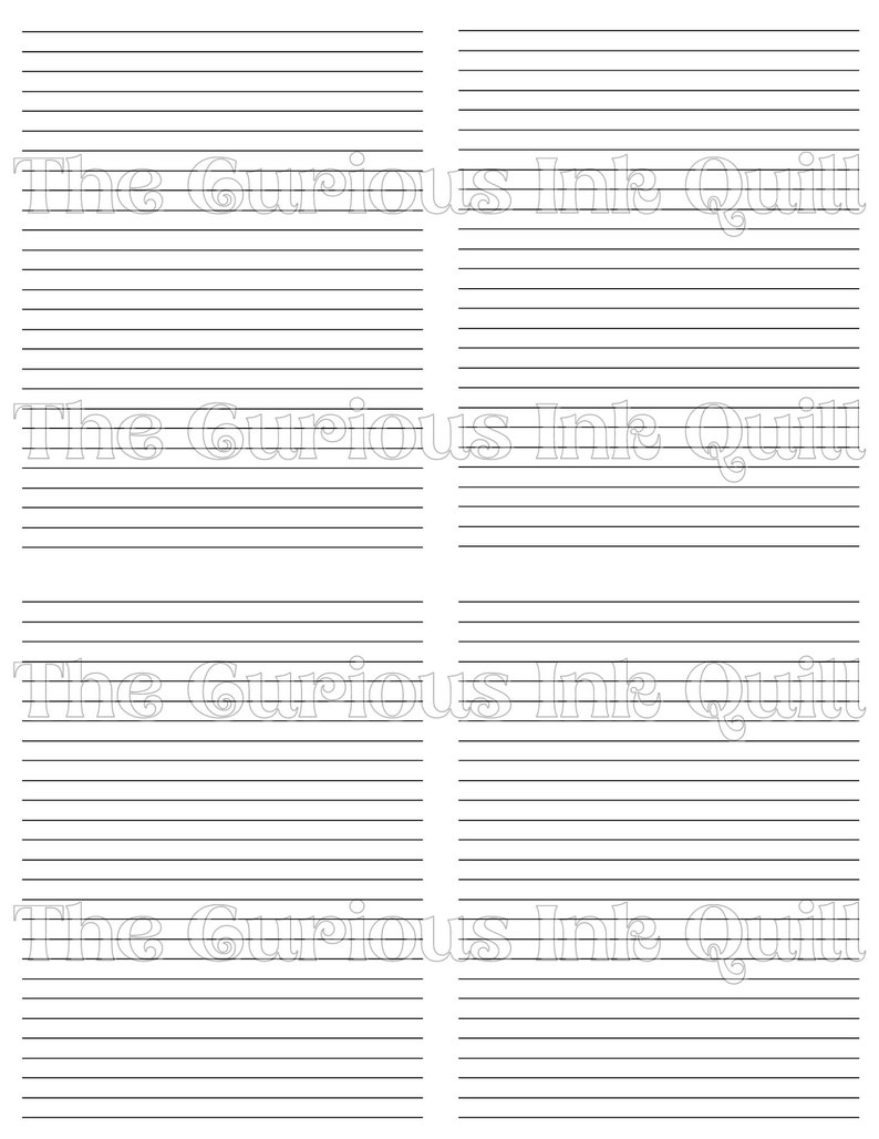 May include: Four lined pages with the text "The Curious Ink Quill" repeated across the top of each page. The pages have horizontal black lines for writing or journaling.