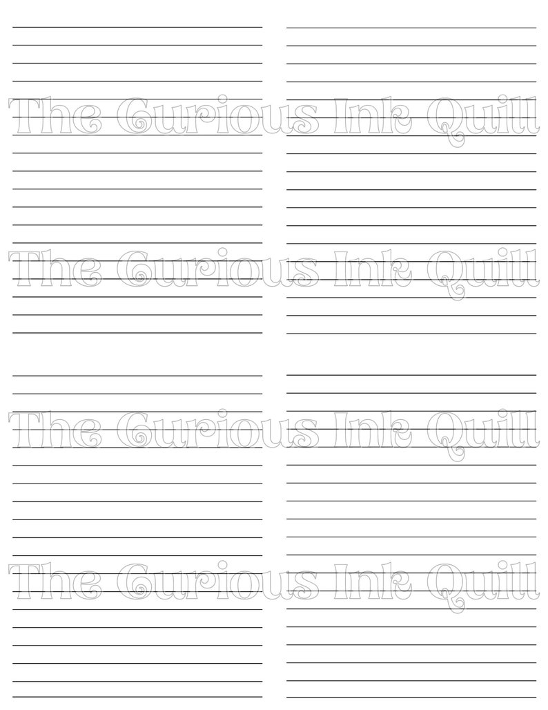May include: White lined paper with the text "The Curious Ink Quill" repeated across the top of each section. The paper has horizontal black lines for writing.