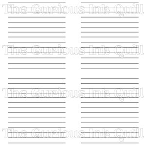 May include: Four lined paper sheets with the text "The Curious Ink Quill" printed in a light gray color. The sheets are arranged in a 2x2 grid, each with horizontal black lines for writing.