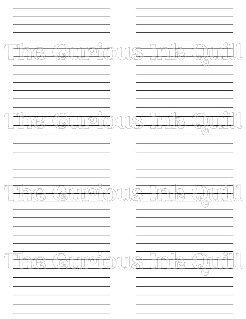 May include: Four lined paper sheets with the text "The Curious Ink Quill" printed in a light gray color. The sheets are arranged in a 2x2 grid, each with horizontal black lines for writing.